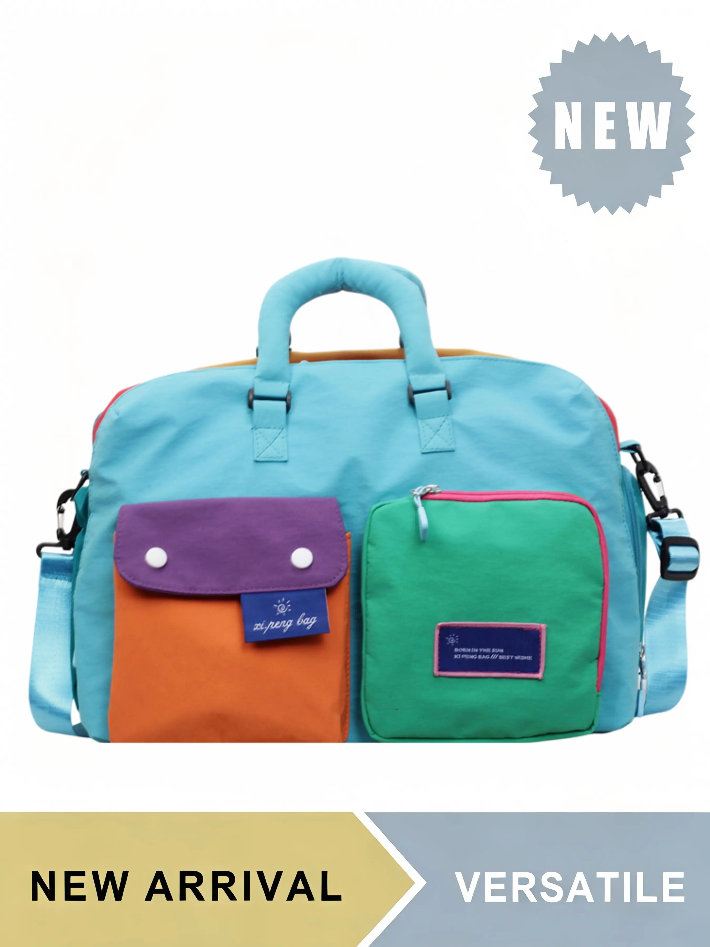 Vibrant Color Block Duffle Weekender Bag with Dual Front Pockets, Large Capacity Travel Carryall Fits 15 Inch Laptop, Detachable Shoulder Strap, Multiple Colors Available, Ideal for Daily School Travel Hiking Picnic Outdoor Activities