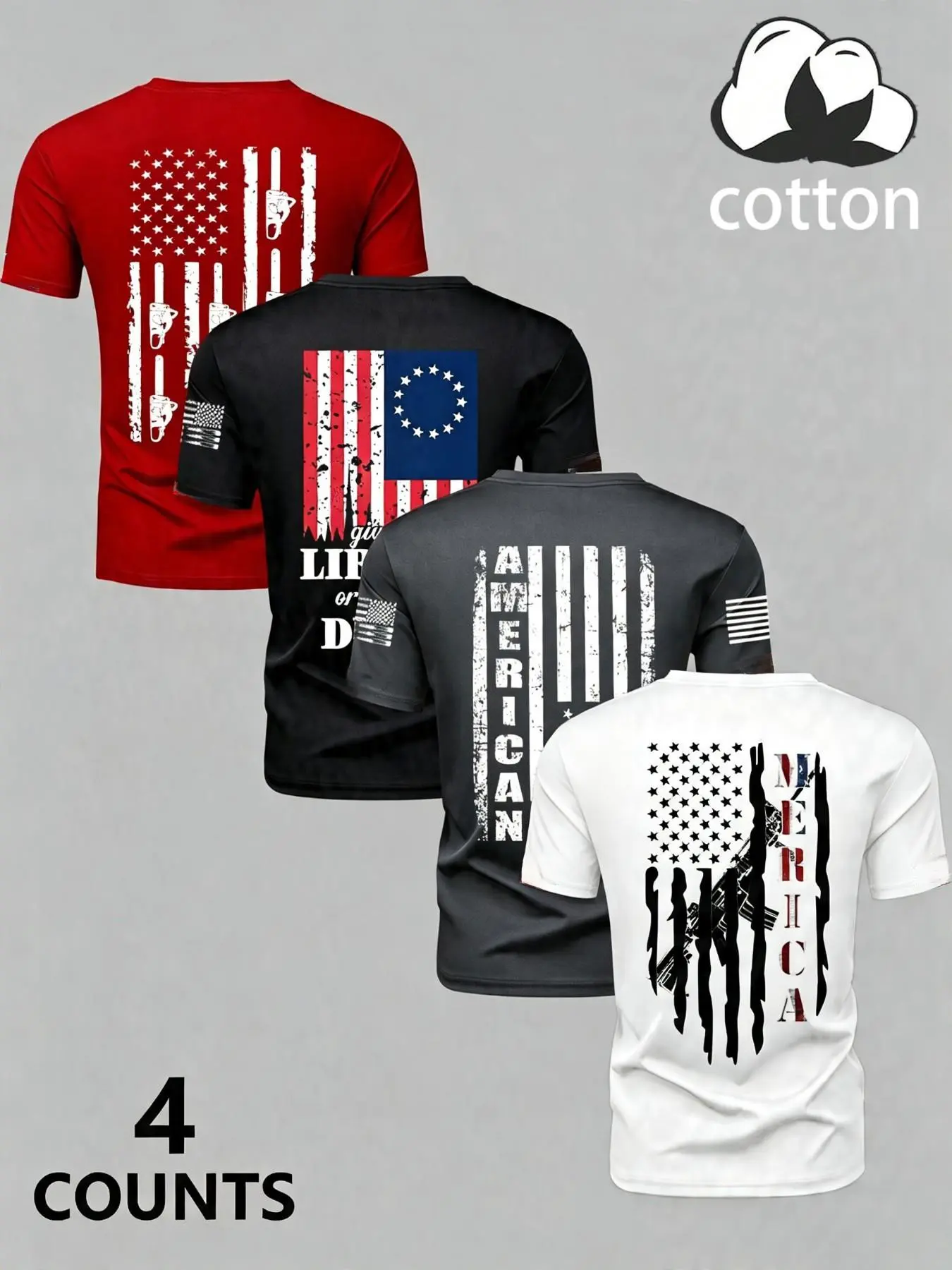 Large Size Men's 4-Pack 100% Cotton Loose Fit T-Shirts, Vintage Distressed American Flag Gun Print Back, Casual Long Sleeve Tops, Streetwear