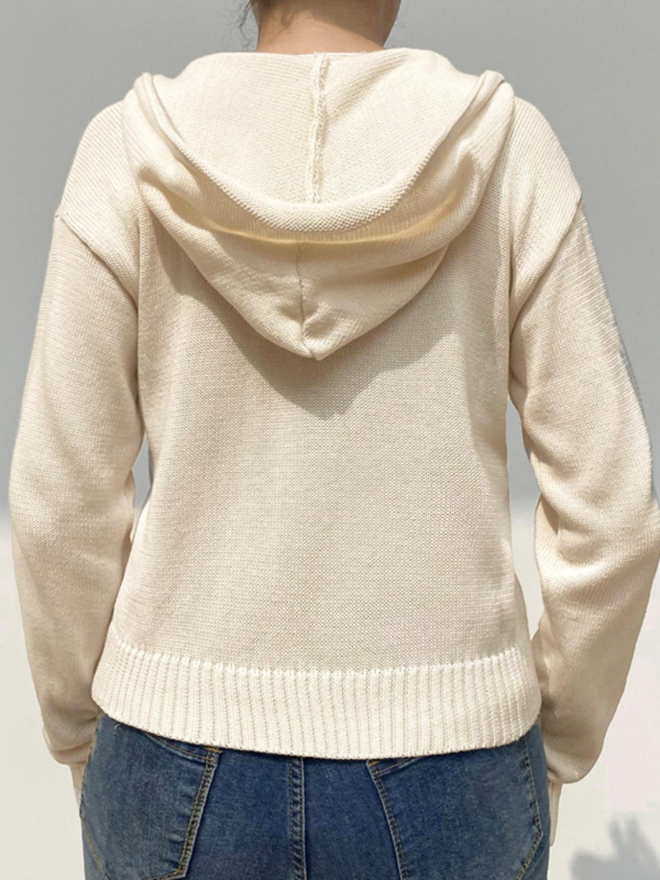 Women's Plain Drawstring Drop Shoulder Zip Up Hooded Crochet Cardigan, Casual Solid Dual Pocket Long Sleeve Outerwear, Women's Clothing