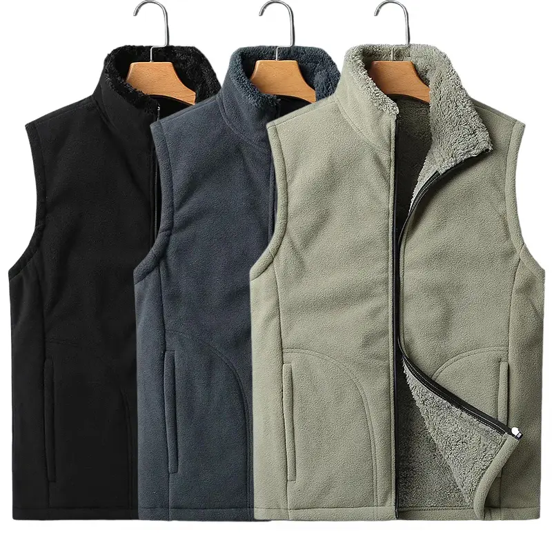 Men's Sherpa Lined Fleece Vest, Warm Polyester Menswear with Full Zipper and Pockets for Outdoor Hiking & Travel