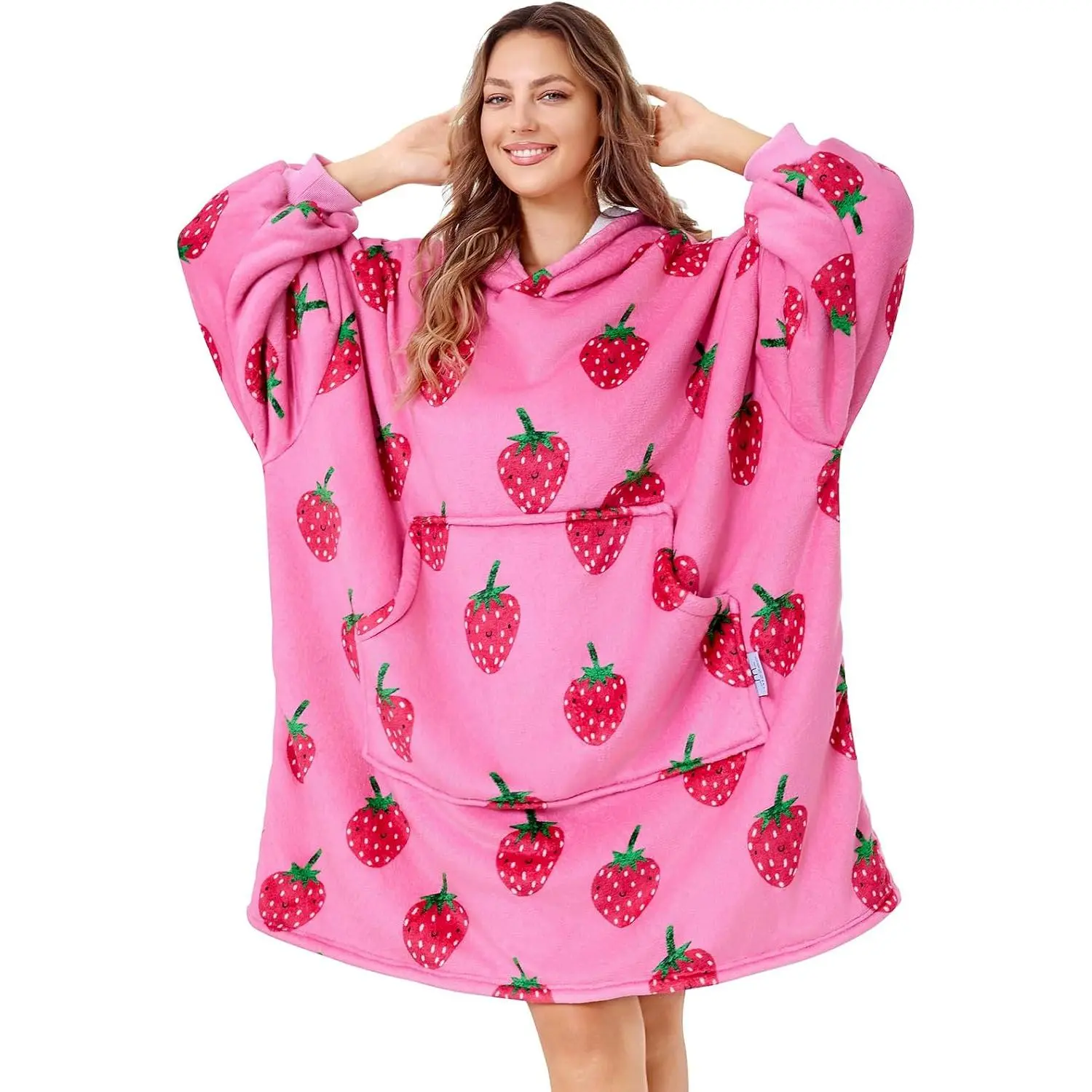 Microfiber Wearable Blanket,  Light Wearable Blanket Hoodie for Adults, Cozy Soft Warm Plush Hooded Blanket Gifts for Women,  Size Fits  (Strawberry)