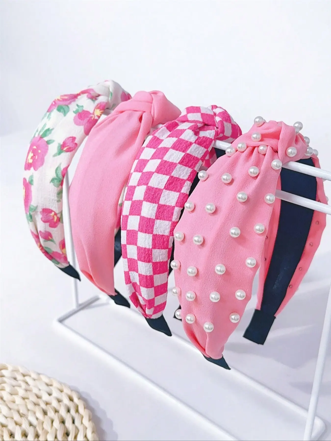 4pcs Candy Color Headbands, Pearl Fabric, Tartan, Solid, Floral Print, Elegant, High Crown Pressed Hair Accessories, Suitable for All Occasions