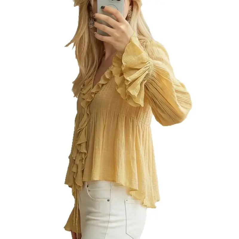 Lady's Sweet Ruffle Blouse with Flared Longsleeves, a Lightweight and Versatile Top for Casual Office or Daily Wear, Flared Cut