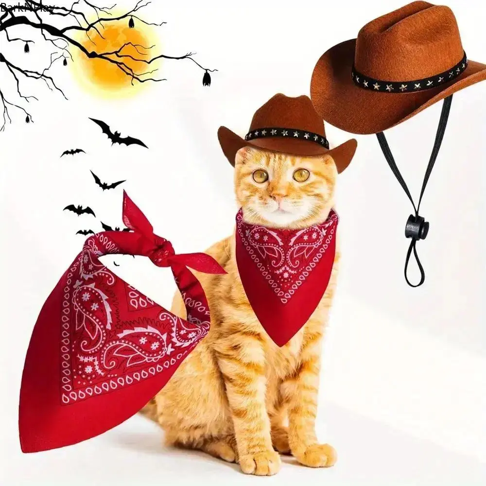 Trending Small Pet Western Cowboy Outfit Set, Soft Cowboy Hat + Retro Bandana Scarf Costume for Dogs & Cats, Skin-Friendly Easy Wear Pet Cosplay Decor, Funny Halloween Holiday Accessory for Pet Party Daily Photo Shooting