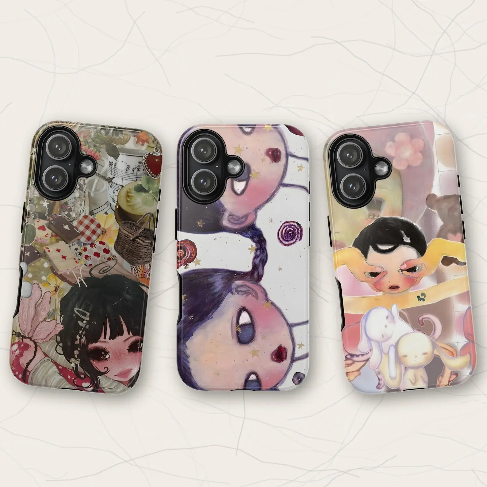 Aya Takano "Superflat" style Japanese art phone case, compatible with iPhone 11–17 Pro Max/Plus and Samsung Galaxy S23–S25 series.
