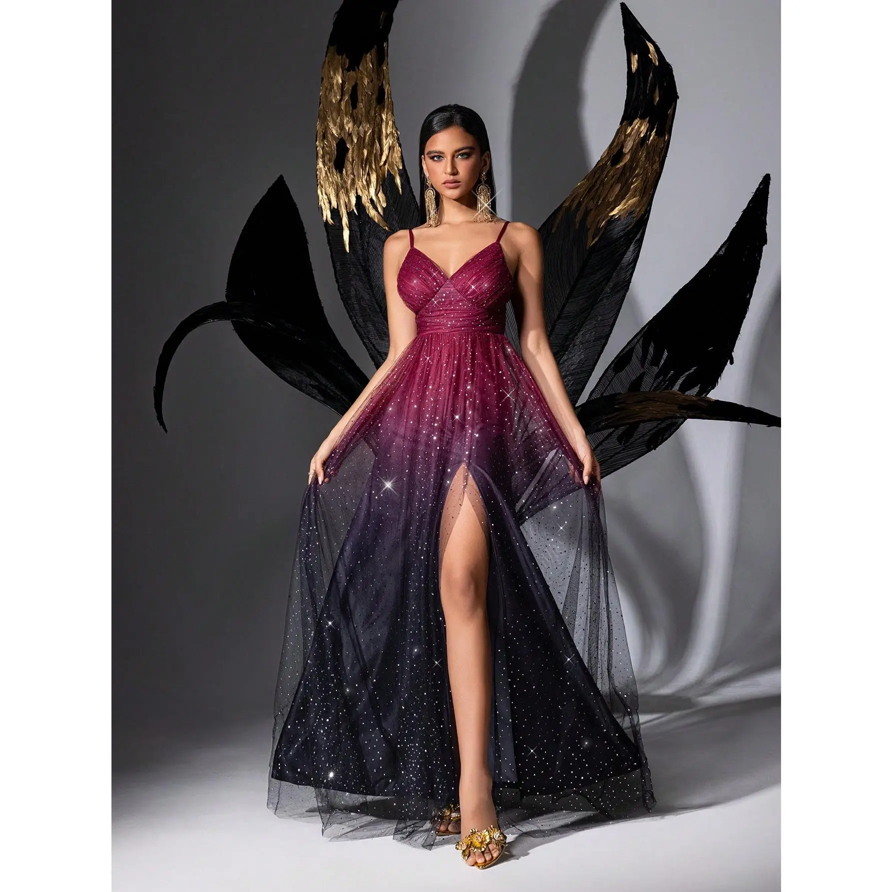 Women's Spaghetti-Strap V-Neck Ombre Star Tulle Maxi Gown, High Slit Flowy Formal Prom Evening Dress For Birthday, Photoshoot & Gala Events