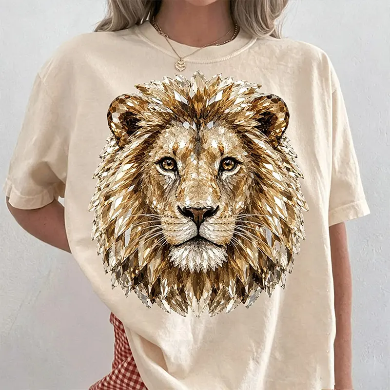 Women's Vintage Oversized Round Neck Crystal Diamond Lion Head Graphic T-Shirt - Poly-Cotton Fabric, Short-Sleeve, Bling Wild Animal Print, Casual Fall Streetwear Clothes for Birthday & Everyday Wear, Vintage Chic, Sweatpants
