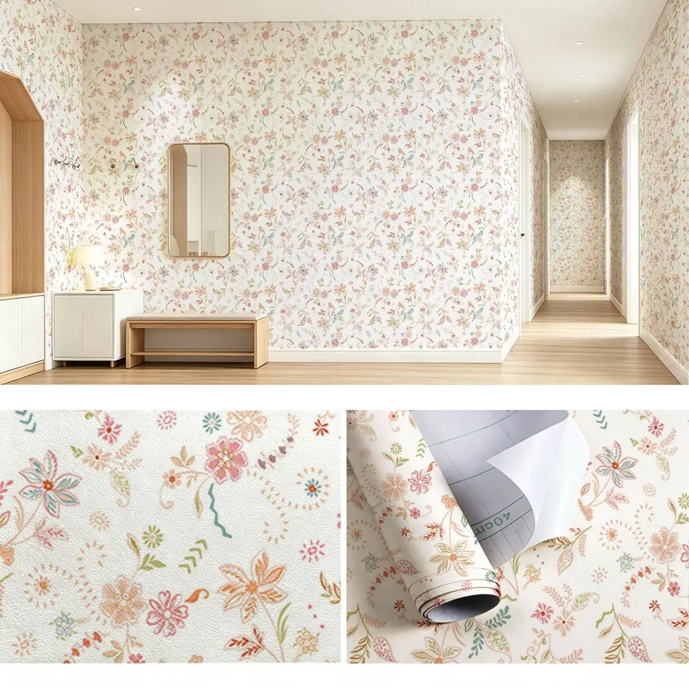 Macaron Color Hand-Painted Floral and Vine Pattern Wallpaper, PVC Material, Self-Adhesive, Moisture-Proof, Living Room Decor