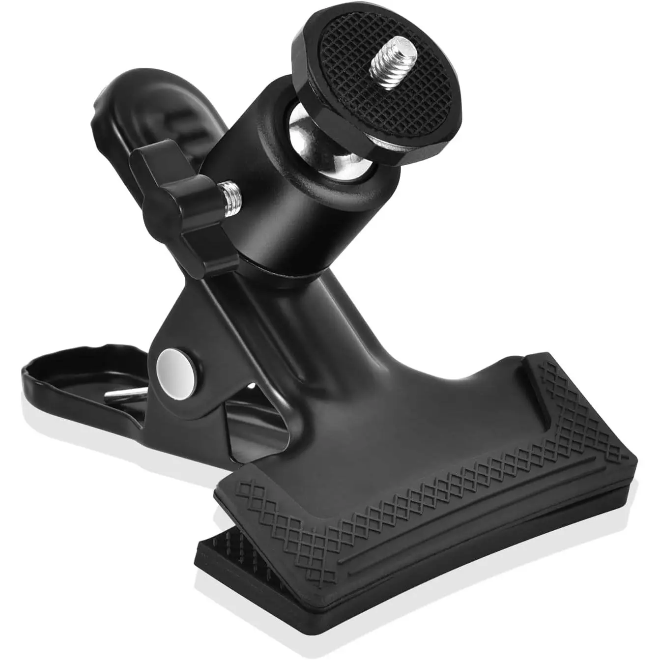 1 Pack Steel Camera Tripod Mount Clip Holder with 360-Swivel Mini Ballhead, Black Rubber Heavy-Duty Spring Clamp Cover for DSLR, Mobile Video & Photoshoot Accessories