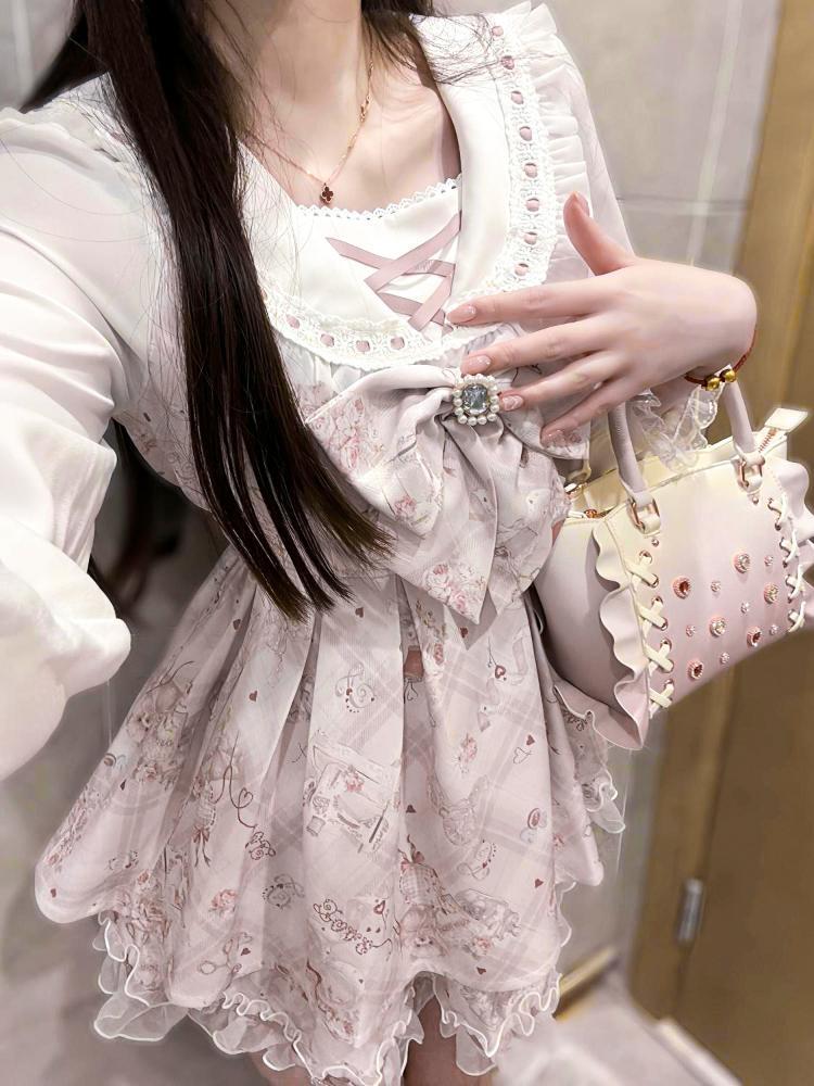 Kawaii Lolita Suits Harajuku Sweet Lace Patchwork Slim Fit Blouse +  High Waist Skirts Women Spring New Black Two Piece Sets