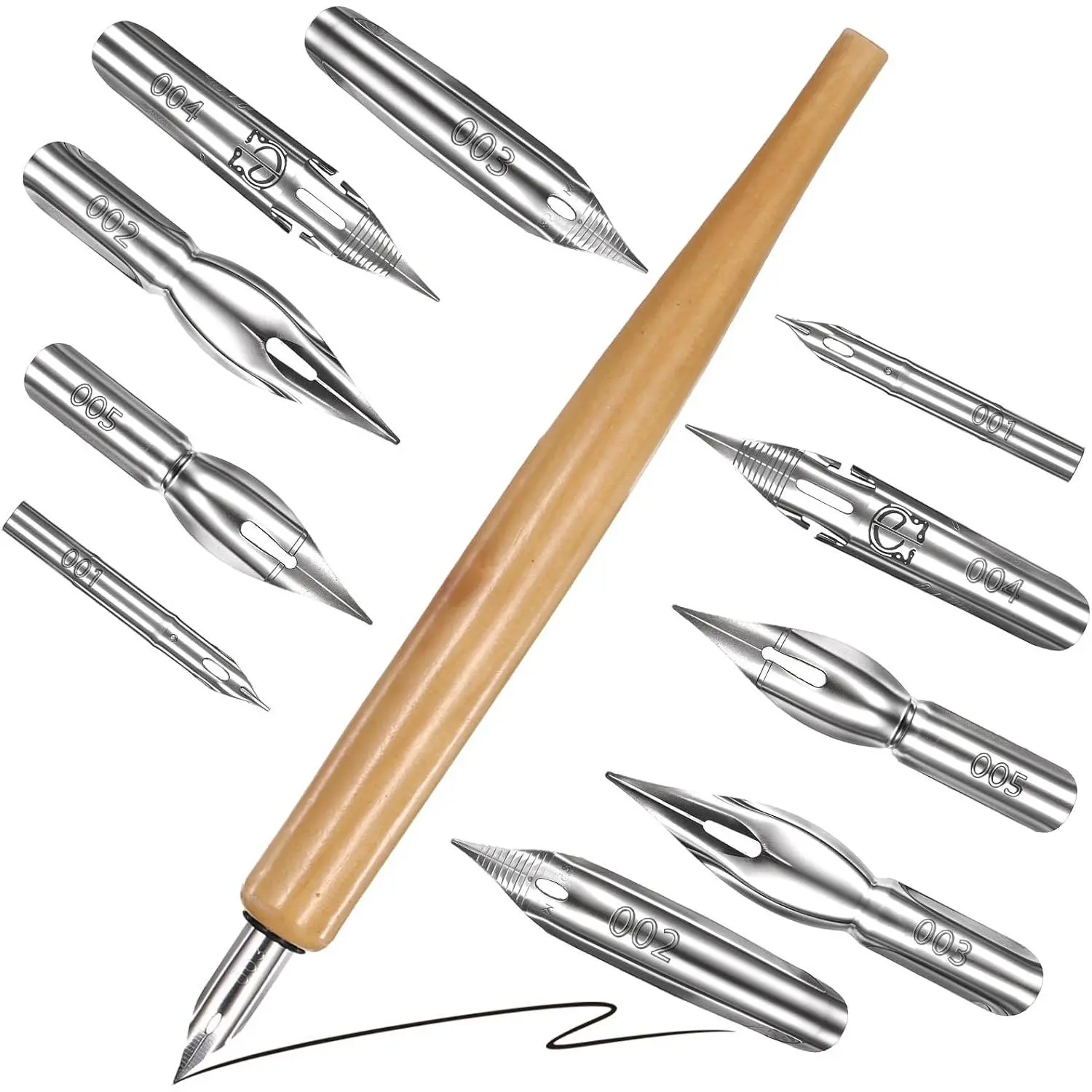 11 count Dip Pen Set - Comic Pen Nib Set - Oblique Calligraphy - Stainless Steel Nibs with Wooden Holder -  Nibs for Writing Painting Signing