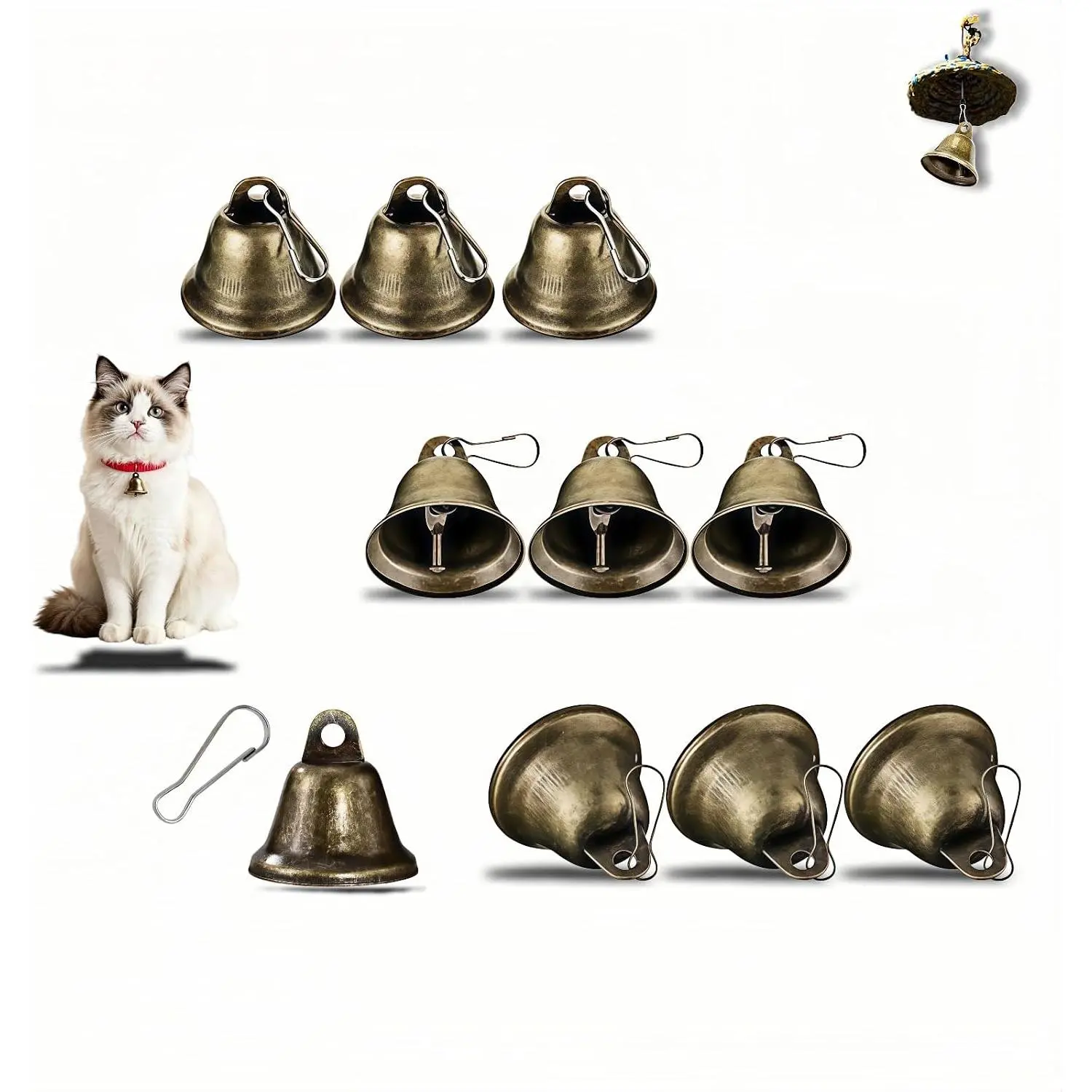 10 Pcs Vintage Bronze Bells 1.5 Inch with Spring Hooks, Antique Brass Handcrafted Bells with Clear Sound, Small Rustic Bell for DIY Wind Chimes, Dog Training Door Bell, Wedding Christmas Decor