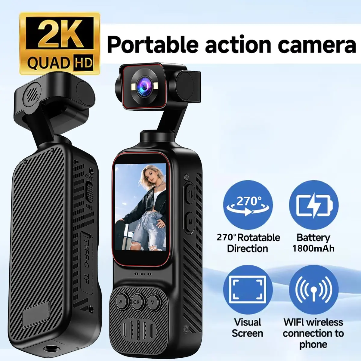 Vlogging Camera with 270° Rotating Lens, Pocket Body Camera with Audio & Video Recording, Long Battery Life, Handheld POV Camera with 2K Video Recording & 8X Zoom, Portable Sports Camcorder for Travel,Daily Life, Video Blog Camera