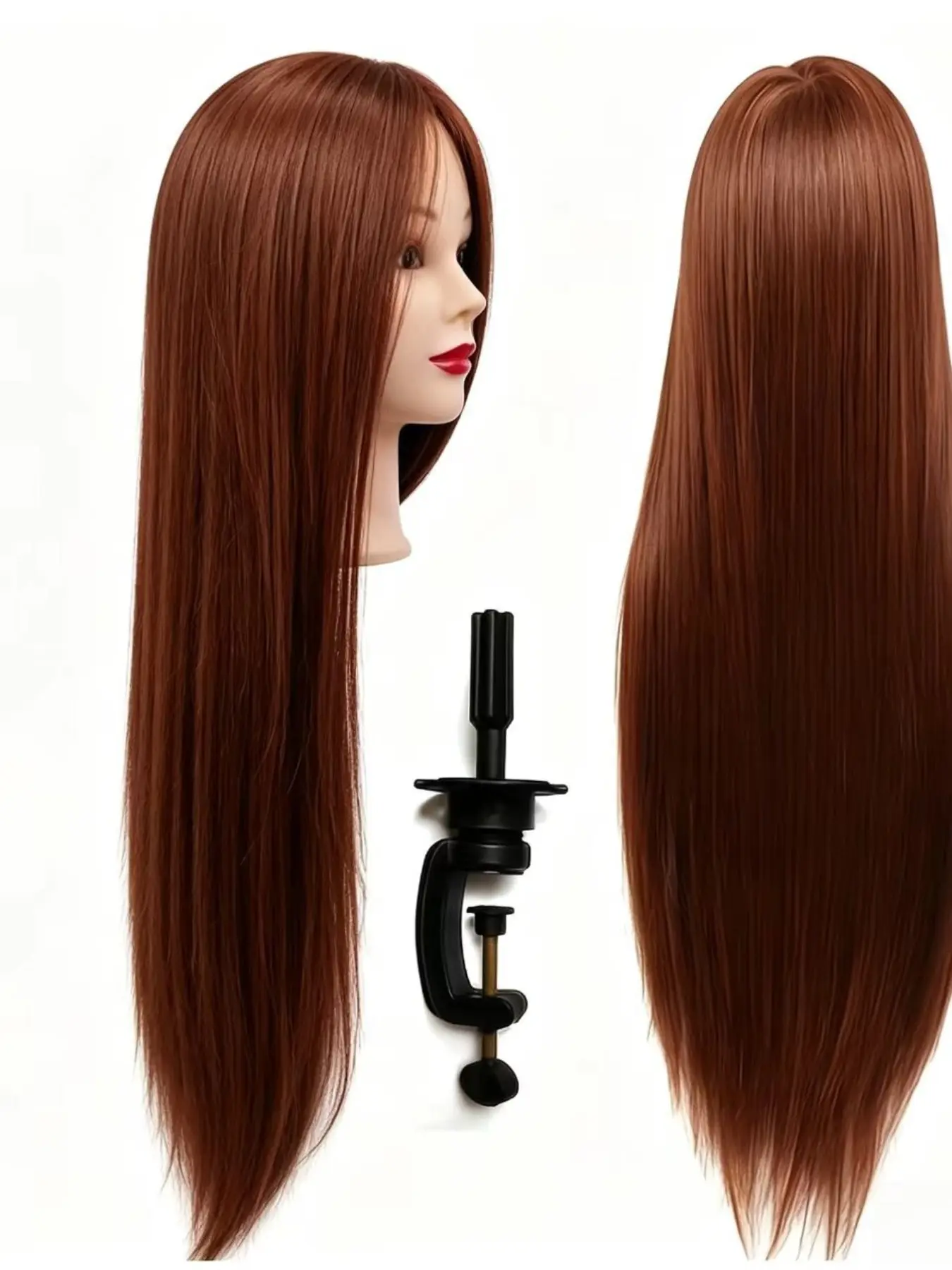 Human Model Head Chestnut Synthetic Fiber 26 Inches Soft Long Hair, Natural Look, Ideal for Braiding, Includes Stand