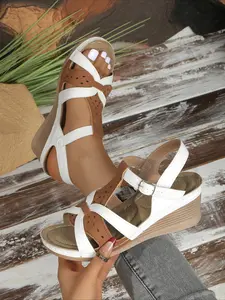 Vintage hollow wedge slide sandals with carved breathable upper, cushioned insole & anti-slip thick sole, comfy for daily casual wear.