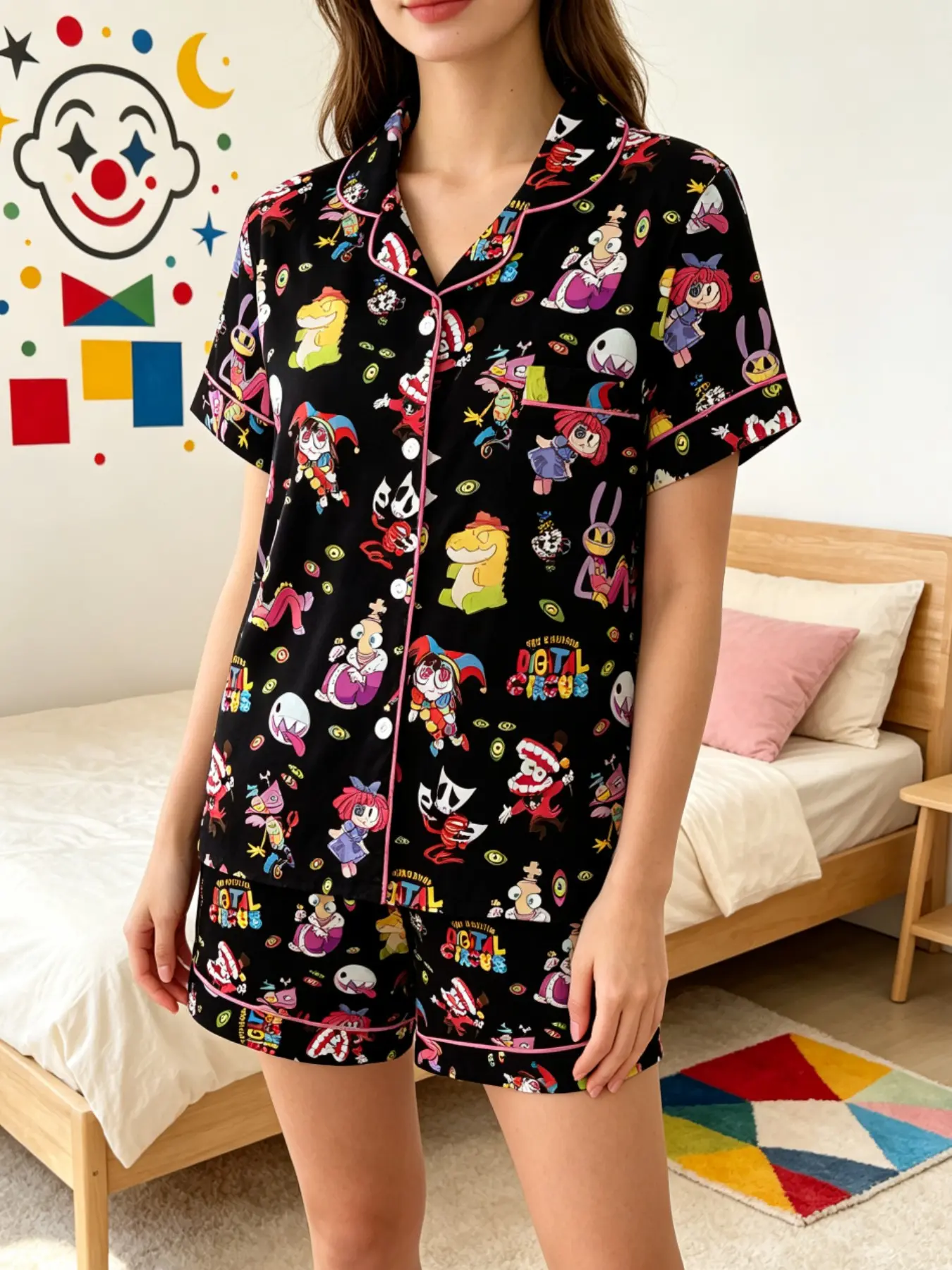 Halloween Pajama Set, Cartoon Theme Rabbit Clown Short Sleeve Button Front Sleepwear, Fitted Two-Piece Home, All Seasons Comfort