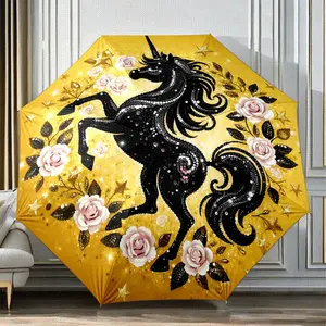 Innovative design folding umbrella with a black horse in flowers pattern, suitable as a birthday gift, for various holidays, travel, and gifting