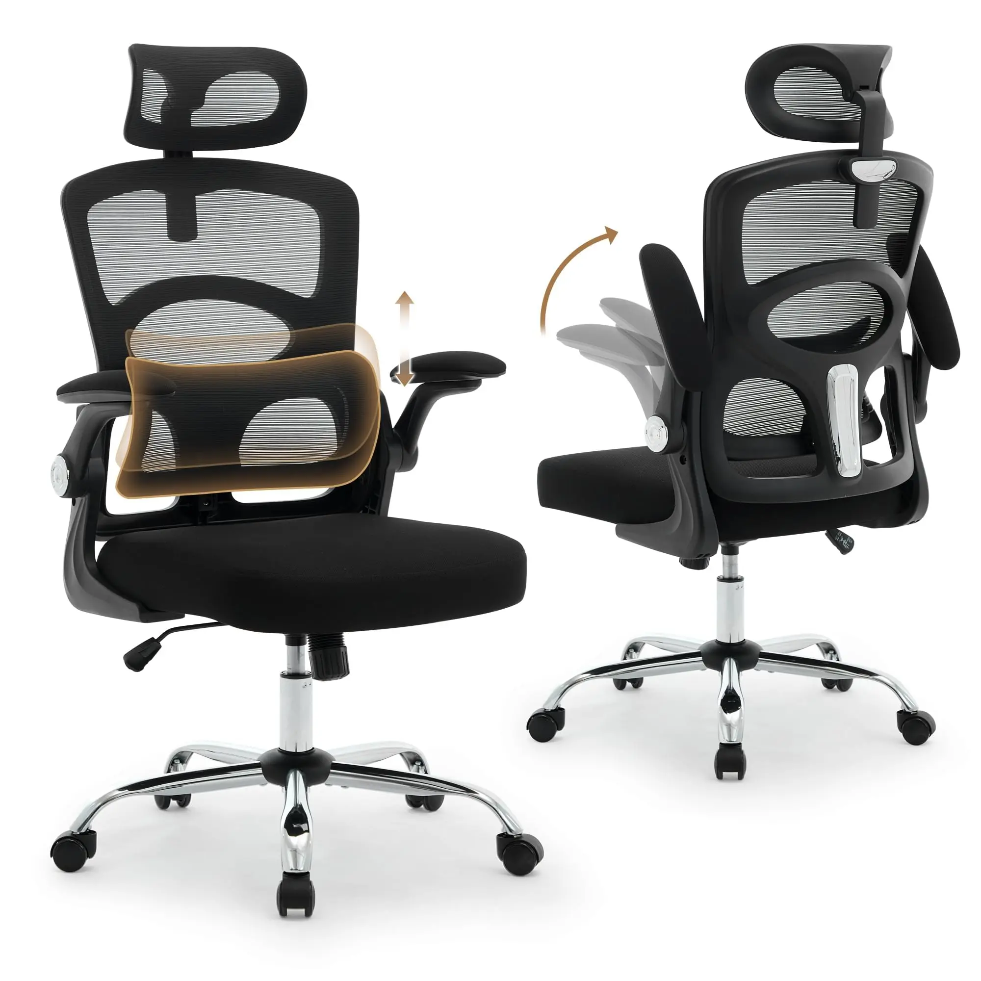 Garvee ergonomic office chair made of mesh fabric, high backrest with 4-level adjustable lumbar support, 2D headrest, foldable armrests, breathable mesh, height adjustable, casters