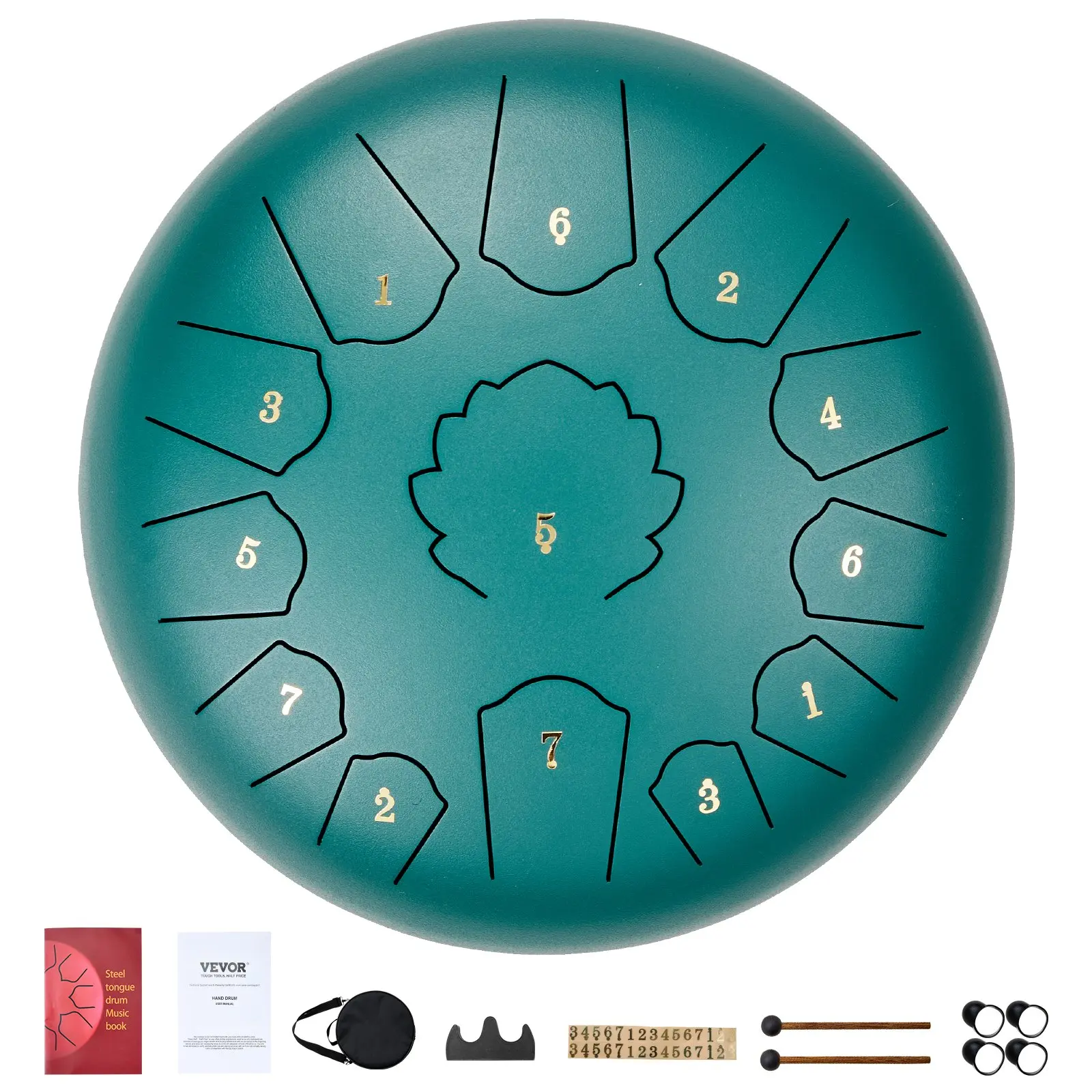 VEVOR Steel Tongue Drum, 12 in 13 Notes, C Major Steel Drum for Outside Garden, with 2 Mallets Carry Bag, Hand Pan Drum Percussion Instrument for Meditation Musical Education Yoga, Green