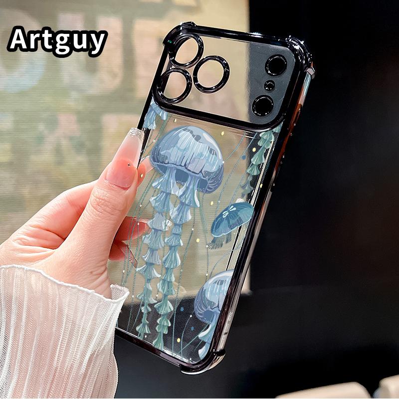 Deep Sea Jellyfish Pattern Phone Case for iPhone 17 Pro Max 16 15 Plus Air 14 13 12 11 E Electroplated Four-Corner Anti-Fall Protection Cellphone Cover