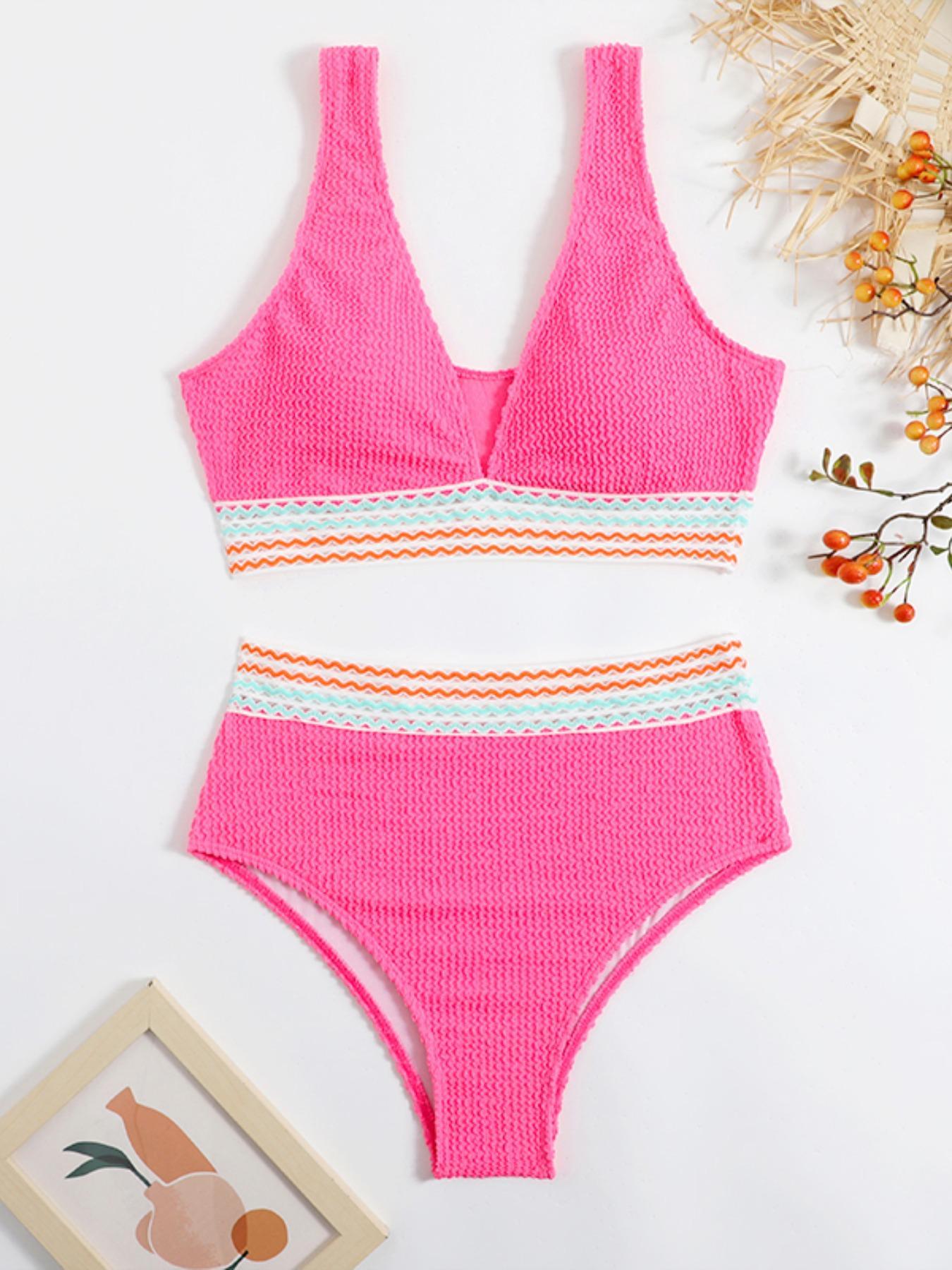 Two-Piece Set Women's Striped Tape Textured Hollow Out Bikinis, Casual Sleeveless V Neck High Waist Swimwear, Lady Bathing Suits Set, Women's Swimsuit, Bikinis Sets, Swimsuit Style Bikini
