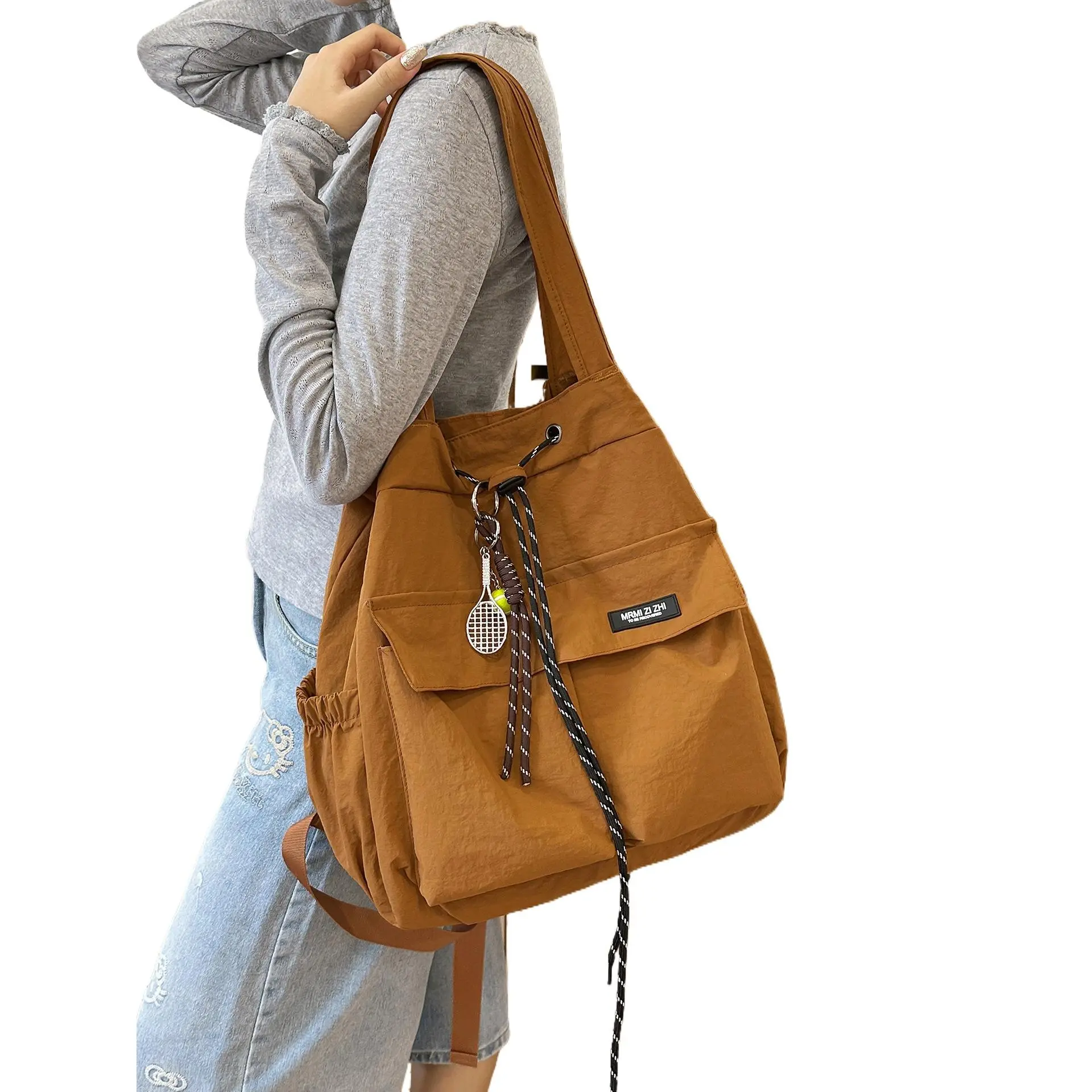 Women's Chic Plain Japanese Style Lightweight Nylon Backpack - Large Capacity, Breathable, Wear-Resistant Drawstring Bucket Bookbag for Women, Back to School, Everyday Carry