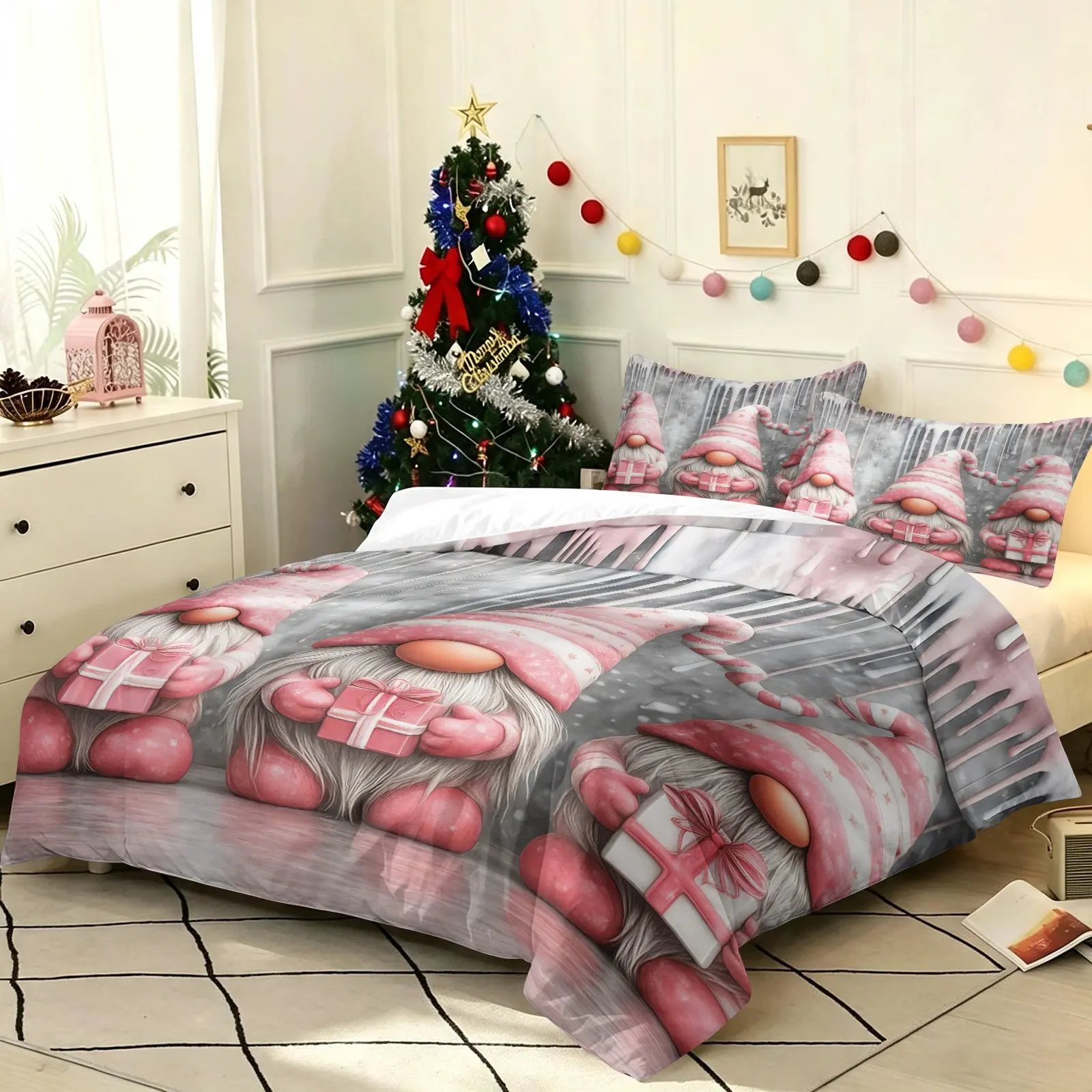 Pink Gift Box Christmas Gnomes Duvet Cover Set, Modern Minimalist Winter Holiday Bedding Set Includes 1 Duvet Cover and 1-2 Pillowcases, Soft Breathable All Season Comforter Cover, Cute Icicle Nordic Gnome Print Bedroom Decor