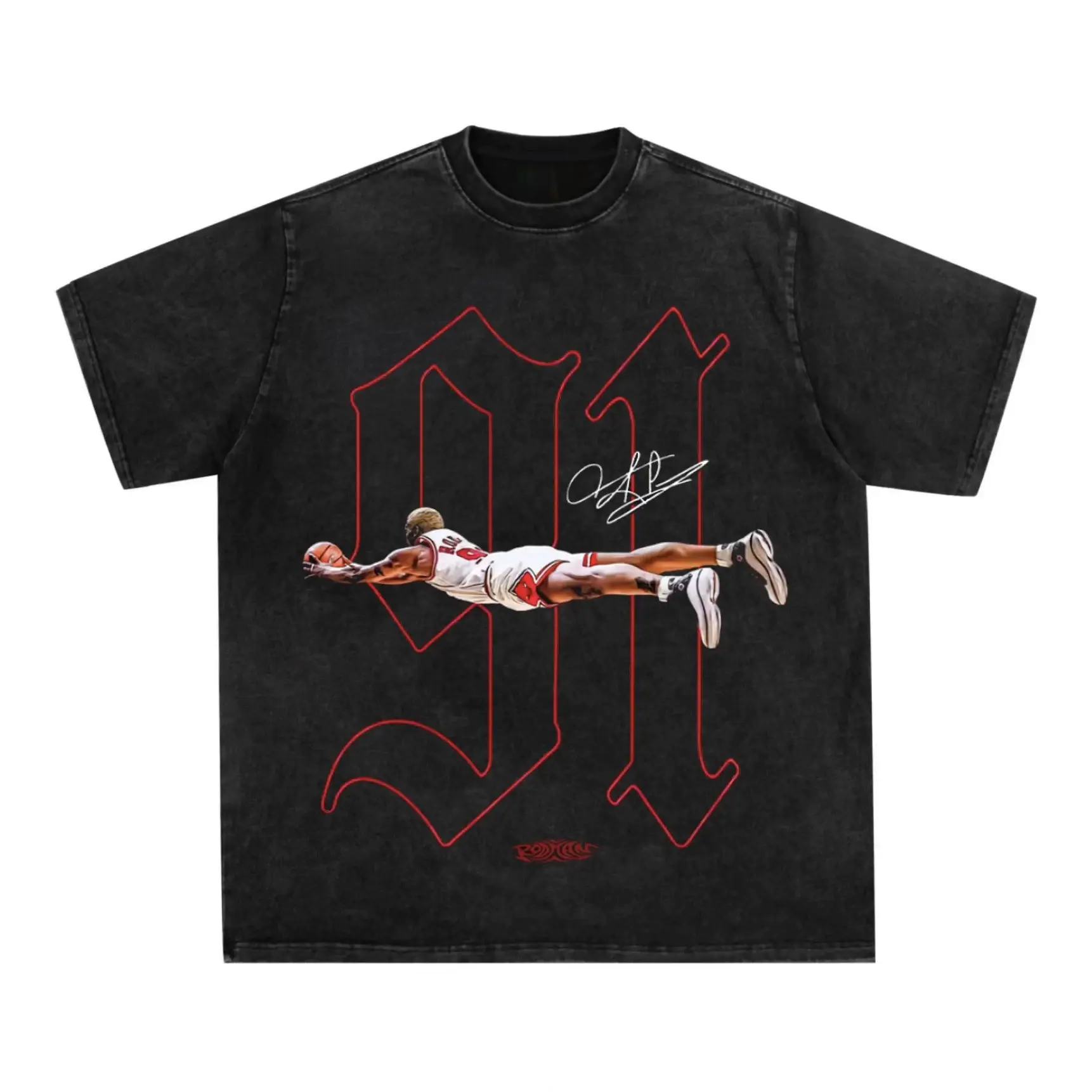 Vintage washed black loose cotton crew-neck short-sleeve T-shirt printed with a retro airborne basketball sports pattern and matched with red Gothic numeral prints, suitable for street style outfits, hiking, music festivals and daily outings