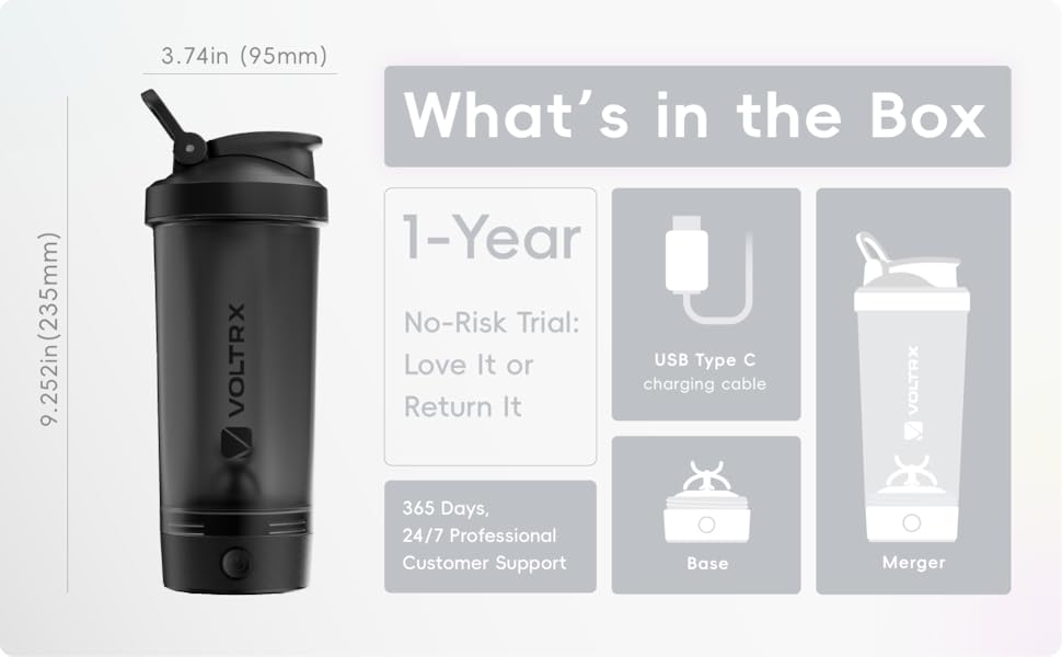 VOLTRX Merger Electric Protein Powder Blender USB-C Rechargeable 24 oz Shaker Cup BPA-Free Leak-Proof Whisper-Quiet Mixing Health & Home Supplies - Bottles, Organiser