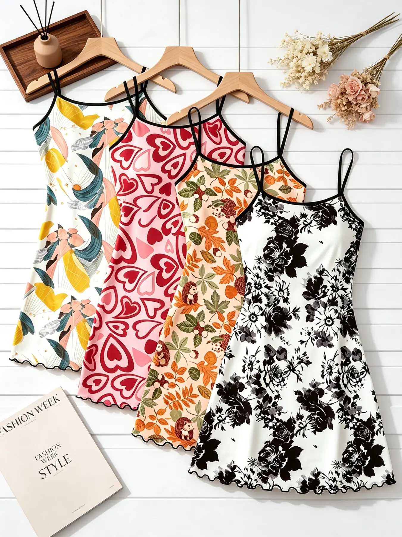 4 Pack Viral 2026 Trending Best Seller Women's Sleepwear Abstract Floral Heart Hedgehog Leaf Print Summer Sleeveless Spaghetti Strap Ruffle Hem Ultra Buttery Soft Slip Dress Lightweight Comfy Breathable Casual Lounge Nightgown for Daily Wear