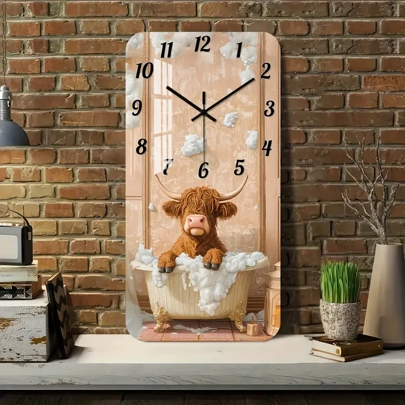 A 2D flat wall clock - non-impact acrylic decorative square clock, designed with a Highland cow bath scene, suitable for the living room, kitchen, home office, studio, guest room (no batteries), kitchen wall clock| Optimistic design| Acrylic frame, cow de