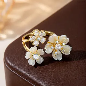 Light Luxury Floral Open Ring For Women, Inlaid Pearl & Zircon, Versatile Luxury Unique Design Jewelry