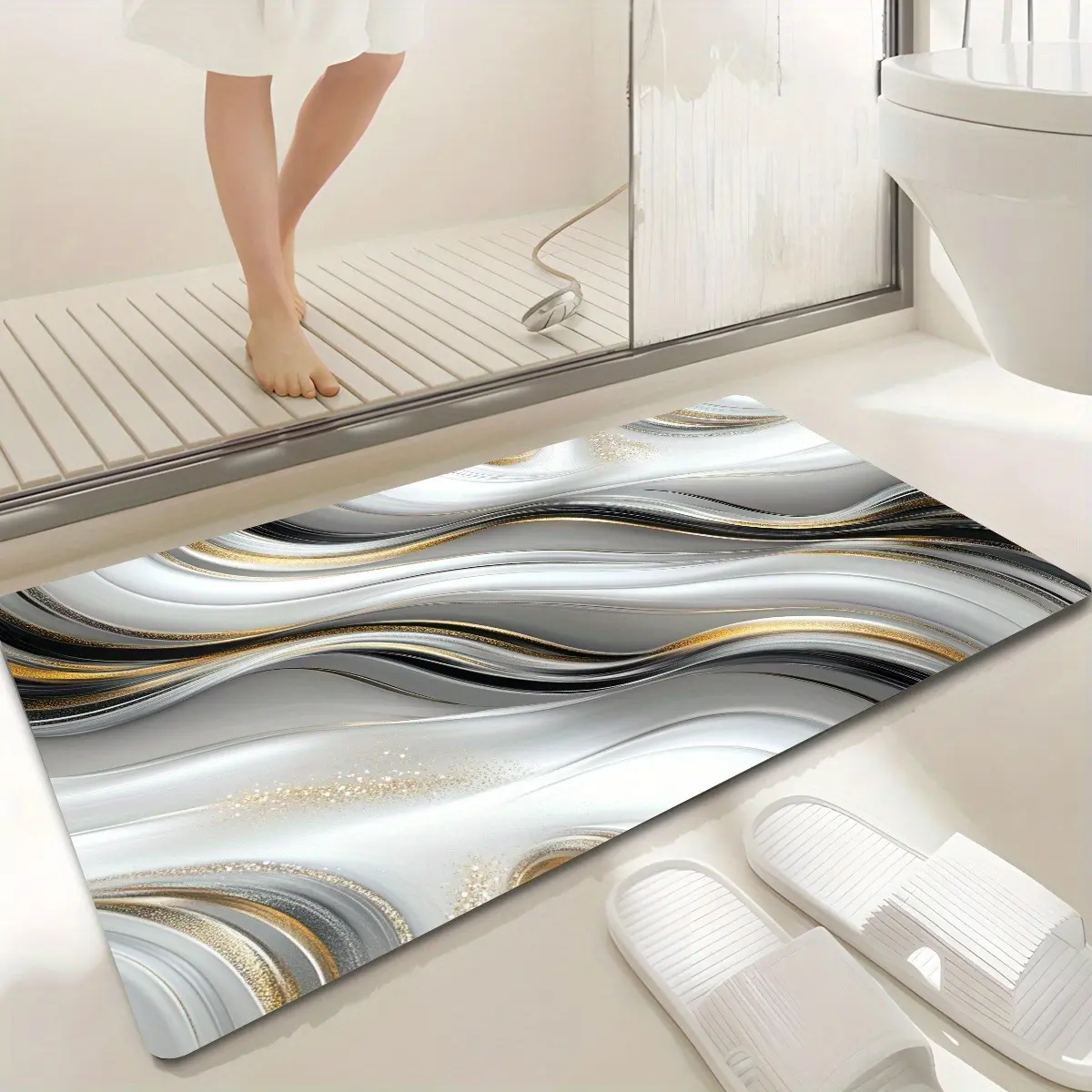 Premium single-piece luxury bathroom mat, silver and gold wave design - made of super absorbent diatomite material, non-slip and quick-drying polyester, suitable for bathrooms, kitchens, living rooms, cafes, and bars