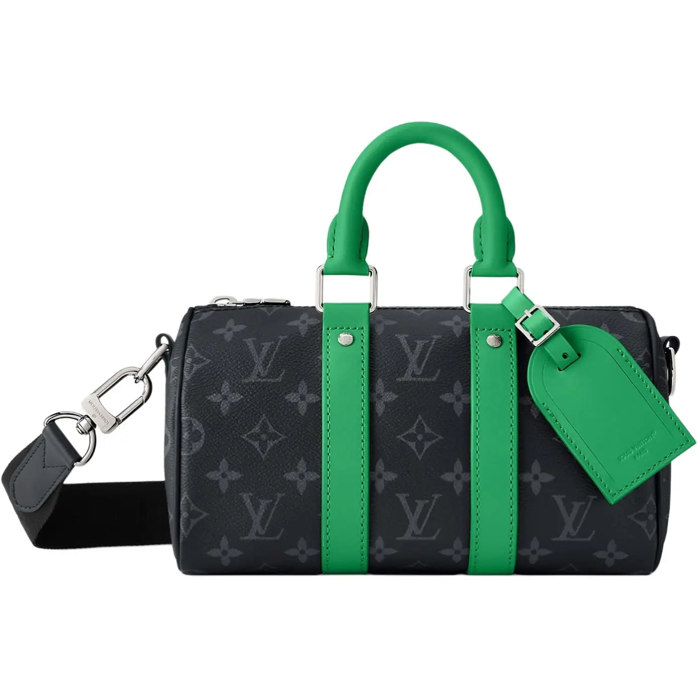 Louis Vuitton Keepall Bandoulière 25 Travel Bag for Men, Monogram-Coated Canvas, Black and Green