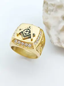 Men Women Hip Hop Freemasonry Ring, Stainless Steel Sparkling Diamond Inlay Jewelry Gift, Fashion Holiday Accessory
