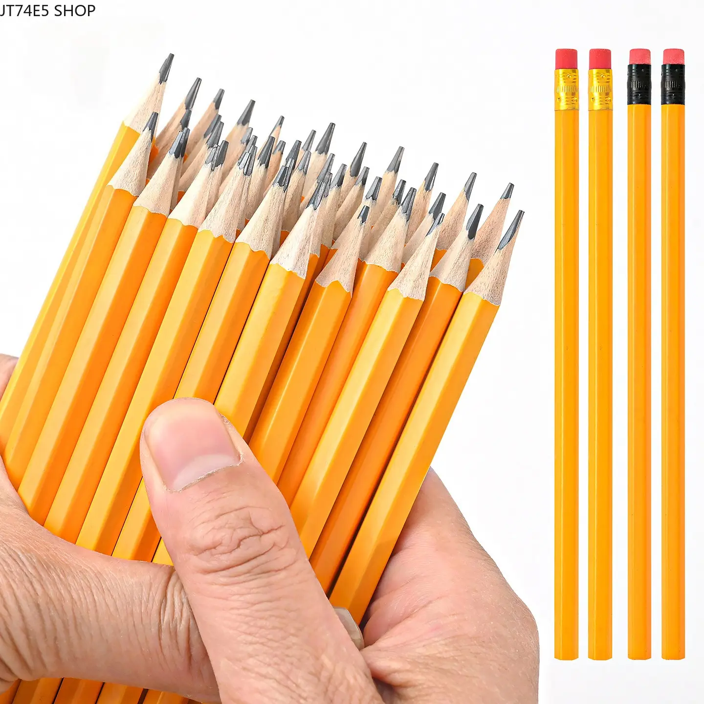 Classic HB Pencils with Erasers Top, Yellow Hexagonal Rod Stationery for Kids and Students, Back to School Supplies for Writing & Sketching