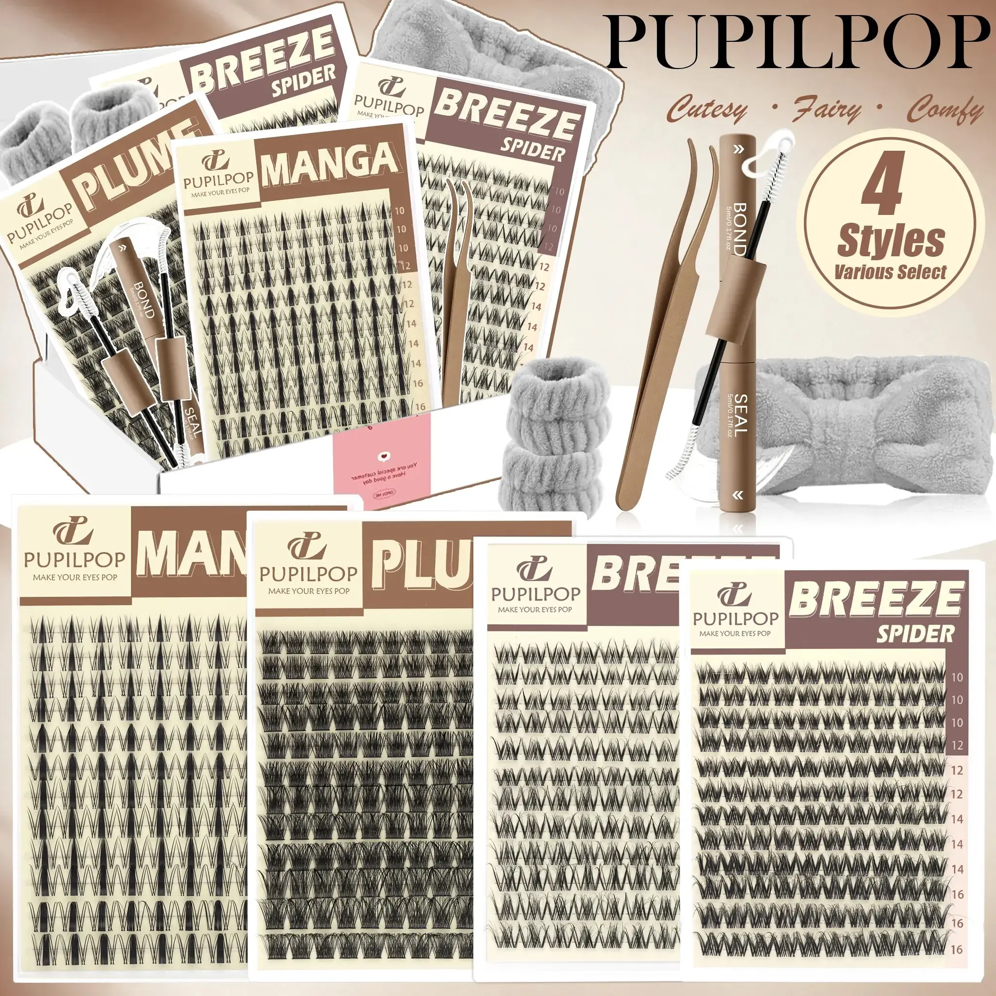 Pupilpop  4 Styles Lash Clusters Kit, D Curly Manga Eyelash Extensions, Wispy, Spider Natural & Volume Lashes, 0.05mm Ultra-Soft Band, w/ Tweezers, Bond & Seal, Headband, Wristbands & Box Seals, Waterproof Feather-Light