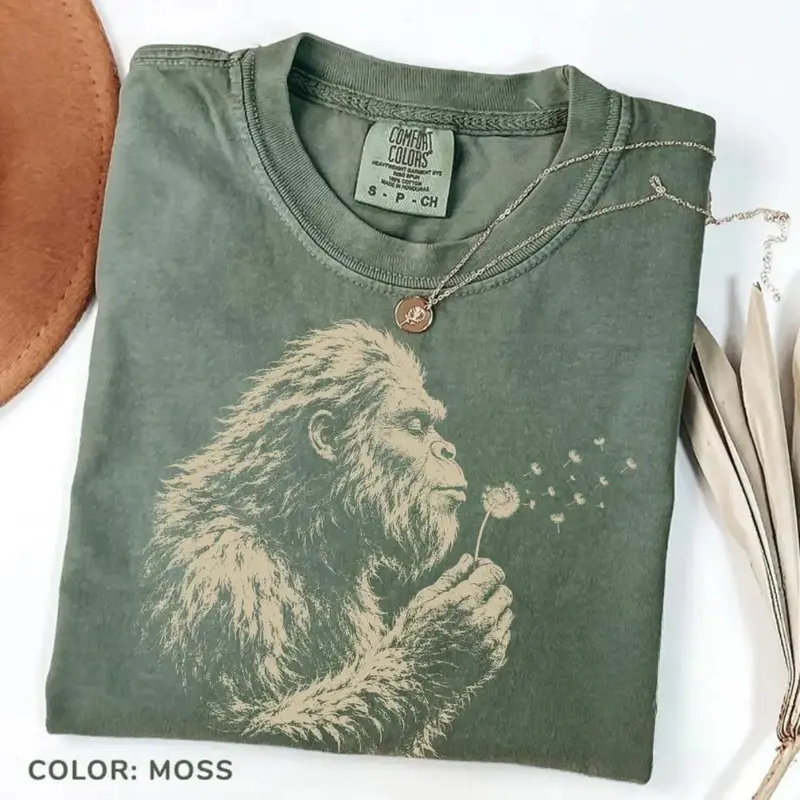 Bigfoot Dandelion T-Shirt, Vintage Sasquatch Nature Tee, Woodland Cryptid Graphic T-Shirt, Outdoor Adventure Shirt, Bigfoot Lover Gift