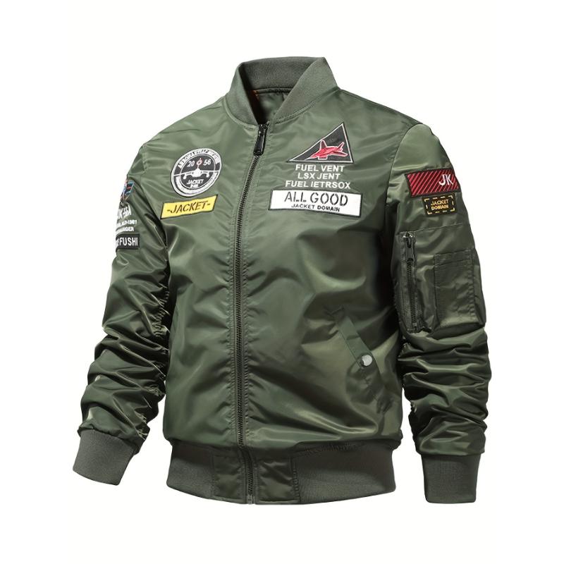 Men's Air Force Themed Letters Embroidery Baseball Collar Jacket, Casual Stylish Long Sleeve Windproof Motor Coat Outdoor Clothes Men's Air Force Themed Letters Embroidery Baseball Collar Jacket, Casual Stylish Long Sleeve Windproof Motor Coat Outdoor Clothes