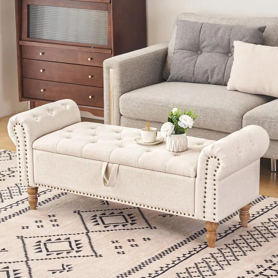 Fumahome 51'' Classic Rectangle Faux Linen-Beige Upholstered Storage Bench with Arms - Diamond Stitch, Button-Tufted Seat, Ample Storage, Assembly Required, Minimalist Decluttering Modern Accent for Bedroom, Living Room