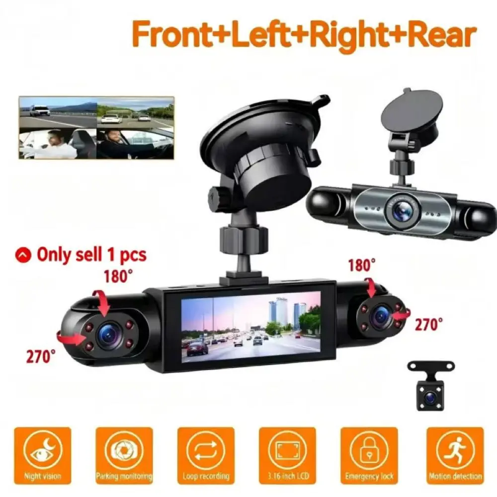 4K 1080P 4-Channel Dash Cam, Front Rear Interior Triple Lens Dvr, 3.16-Inch IPS Display, 64GB SD Card Included, Car Truck Compatible