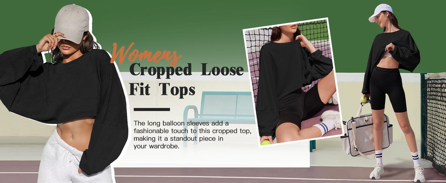 Imily Bela Womens Long Ballon Sleeve Sweatshirts Tops Cropped Crew Neck Loose Fit Casual Workout Shirts