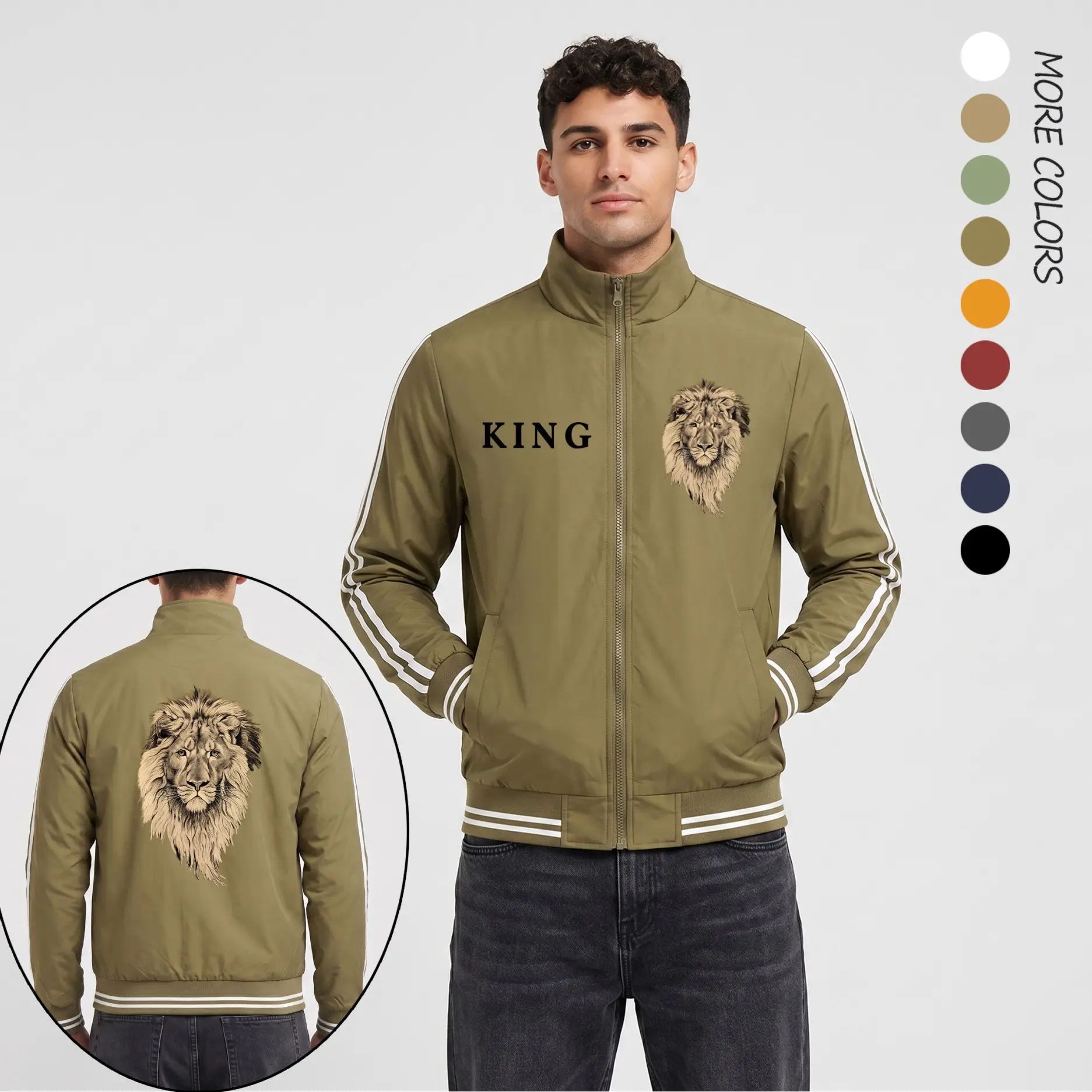 Men's Classic Thin KING Lion Graphic Print Lightweight Bomber Jacket - Menswear Tops Coats, Royal Animal Design, "KING" Chest Logo, Full Zip Closure, Ribbed Hem & Cuffs, Stripe Sleeve Detail, Urban Casual Wear, Fabric, Sporty, Striped, Long Sleeve, Zipper