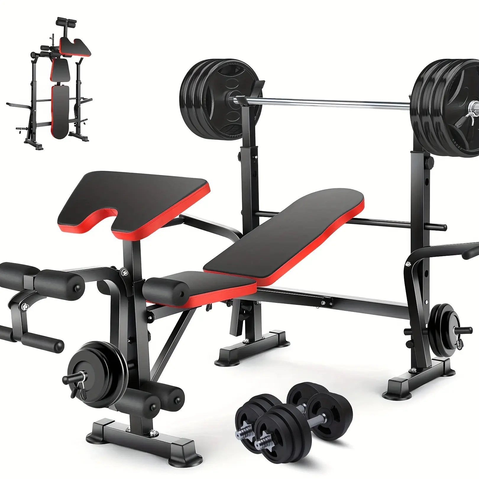 Professional 6in 1 Workout Bench Set with Squat Rack, Adjustable & Foldable Weight Bench with Leg Developer, Preacher Curl Pad for Full Body Workout