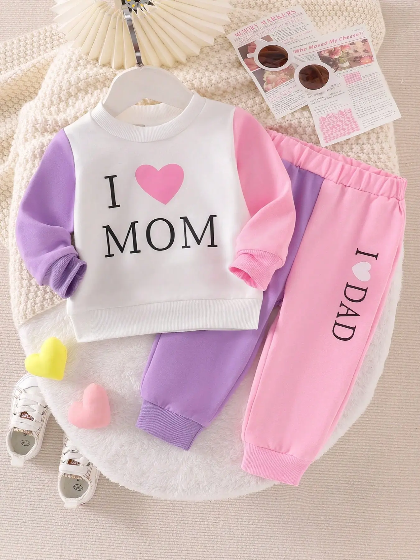 Baby Girl Casual Bow Design Suit Set, Long Sleeve Loose-Fitting H-Type Pants, Spring & Fall Plain Pattern Clothing, Baby Girl Clothes