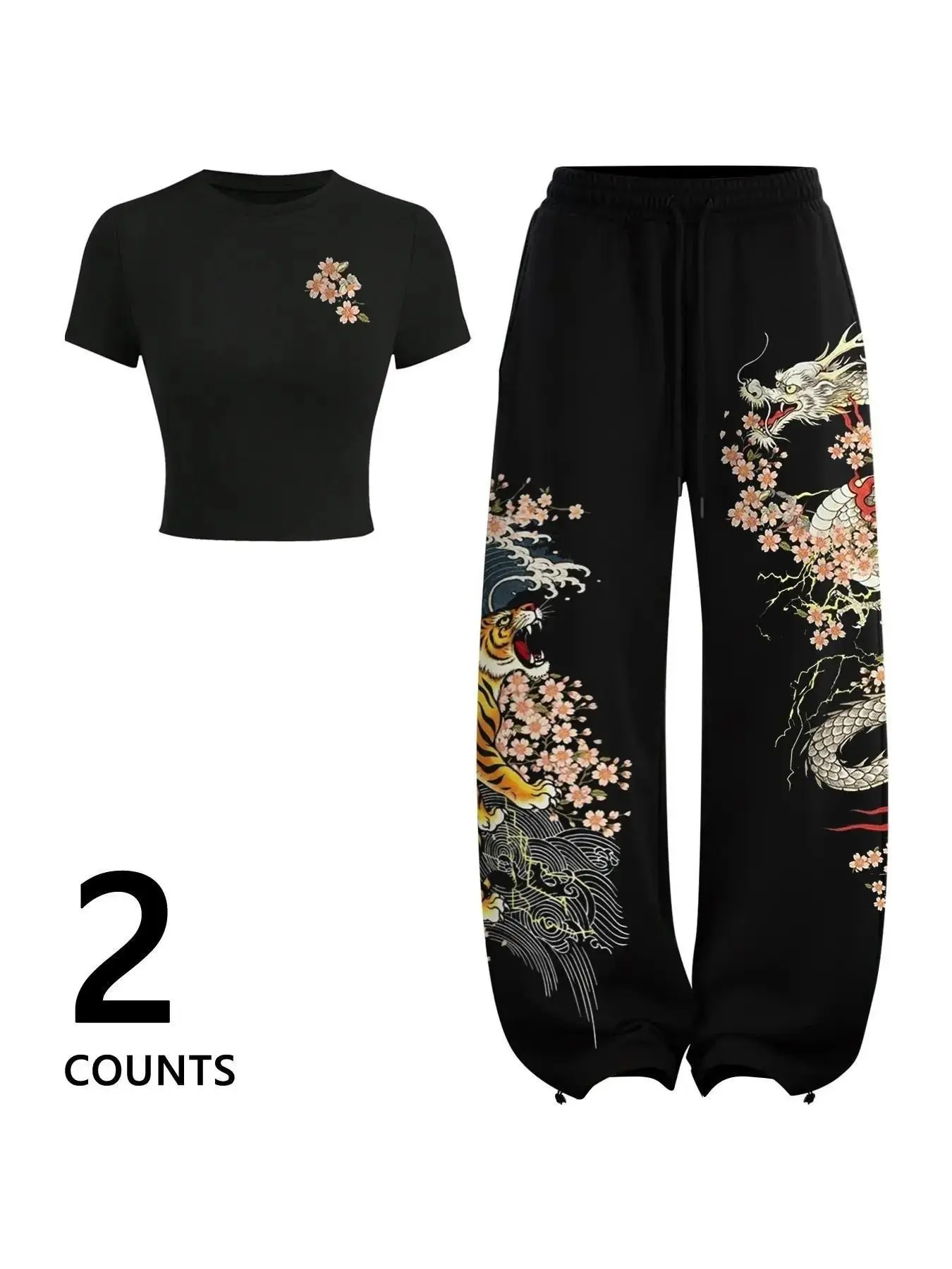 Women's Round Neck Short Sleeve Top Set, Y2K Street Style Dragon Plum Print, Casual Sports Pants, Summer Fashion