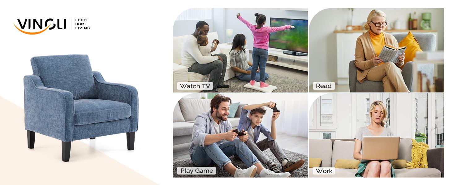 VINGLI Chair Upholstered Chenille Accent Chair for Living Room, Bedroom, Mid-Century Modern Arm Chair Comfy Reading Chair with Scooped Arms VINGLI Chair Upholstered Chenille Accent Chair for Living Room, Bedroom, Mid-Century Modern Arm Chair Comfy Reading Chair with Scooped Arms