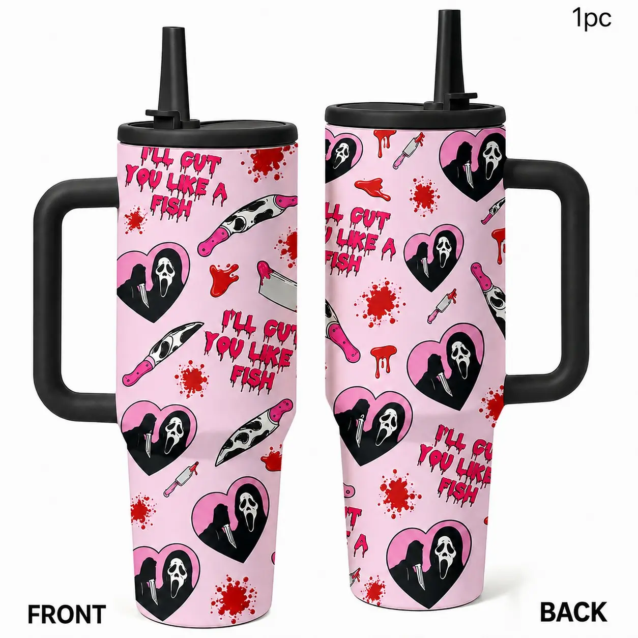 1PC 40oz/30oz Pink Horror Mask Knife Heart Pattern Insulated Tumbler with Handle & Straw, Leak-Proof Lid, Double Wall Vacuum Stainless Steel Travel Mug, Hot 12H Cold 24H, Large Capacity Cup for Men and Women, Halloween Gift