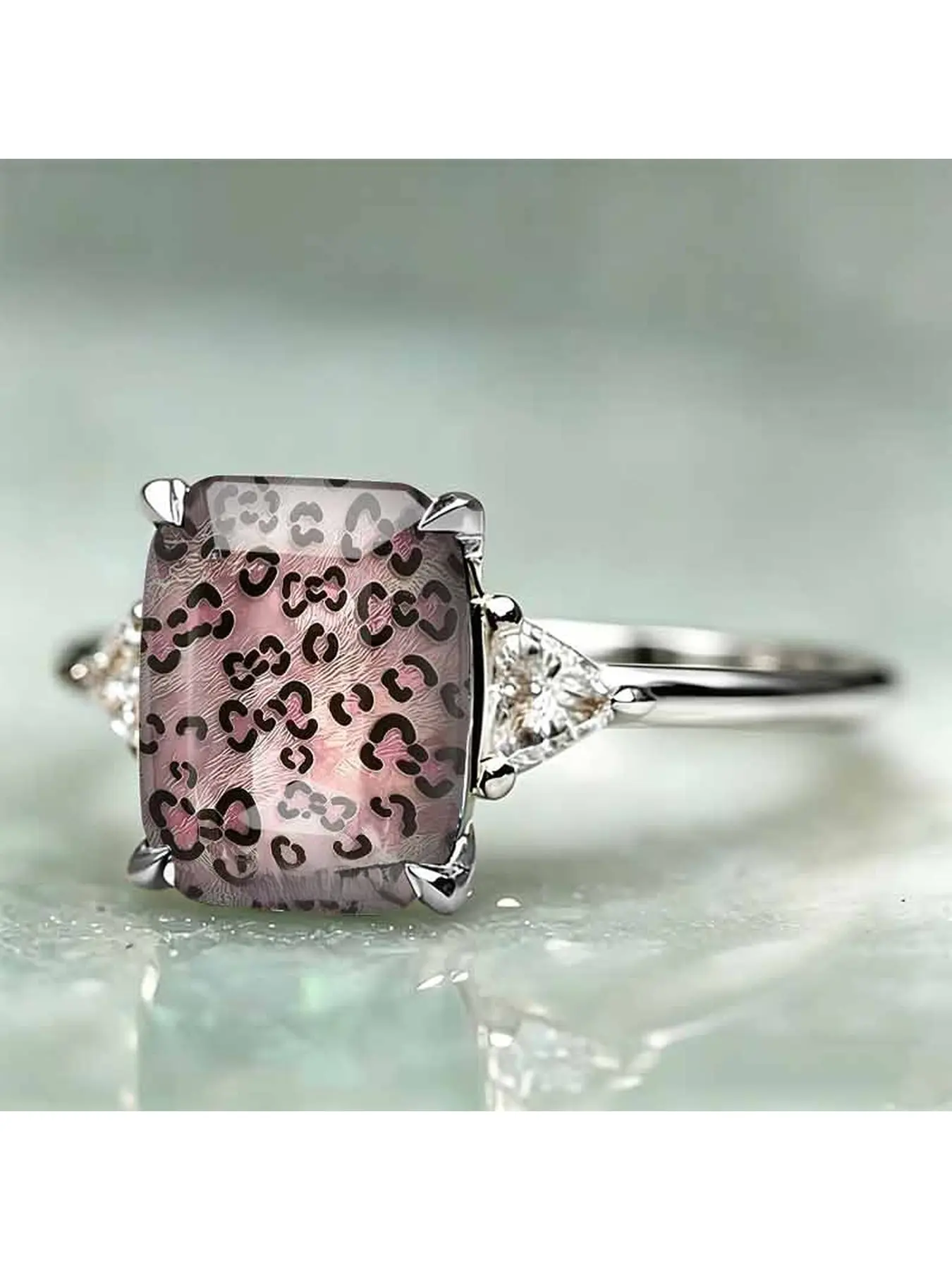 Vintage Pink Leopard Print Rectangle Stone Ring, Artistic Fresh Daily Matching Fashion Jewelry, Sparkly Side Accent Adjustable Statement Accessory For Women Party Dating Outfits, Cocktail Ring