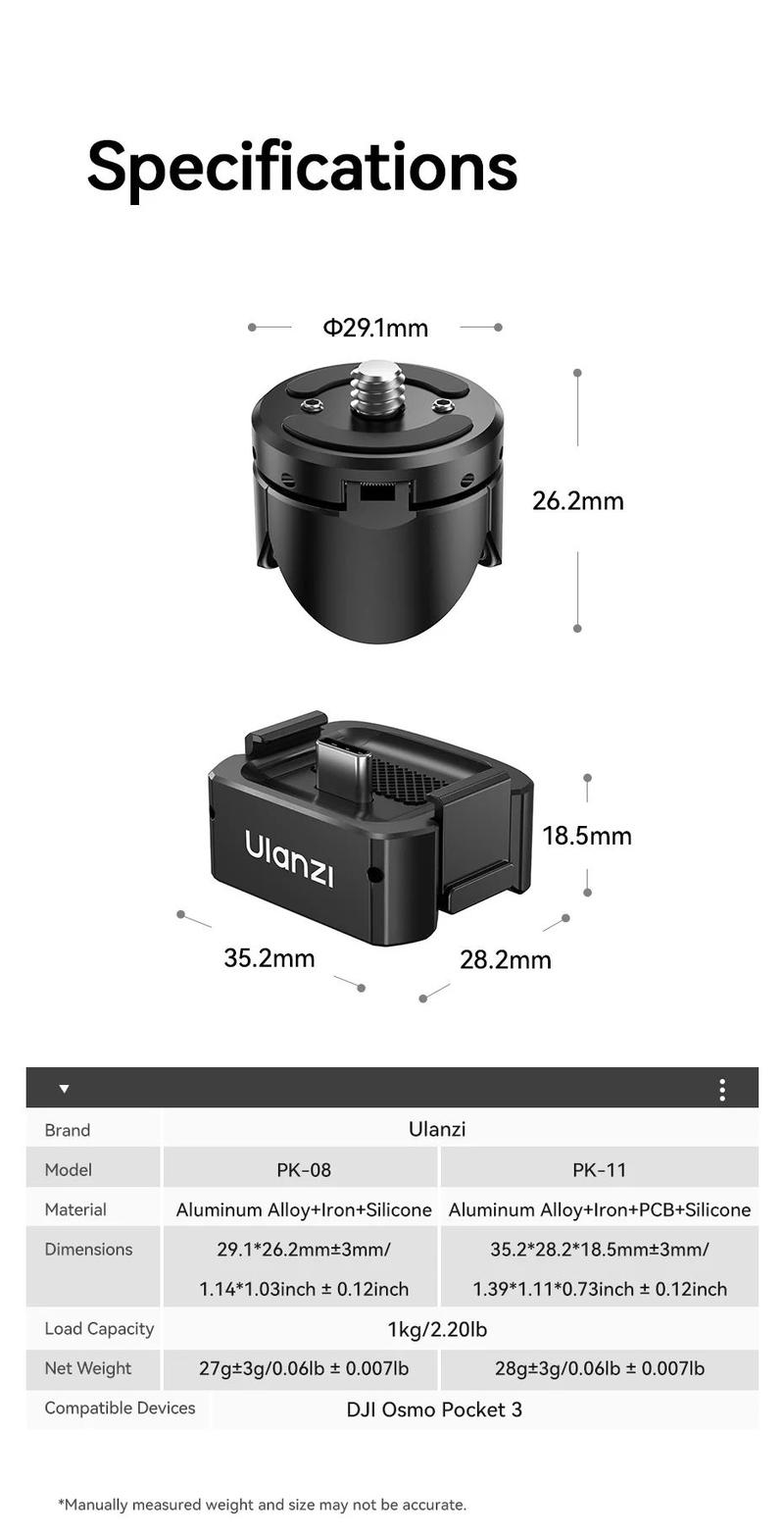 Ulanzi Pocket3 Accessories Collection, Expansion Adapter & Mini Tripod Kit for DJI Osmo Pocket 3 Mount with 1/4" Screw, Quick Release LED Light, Action Camera Accessories